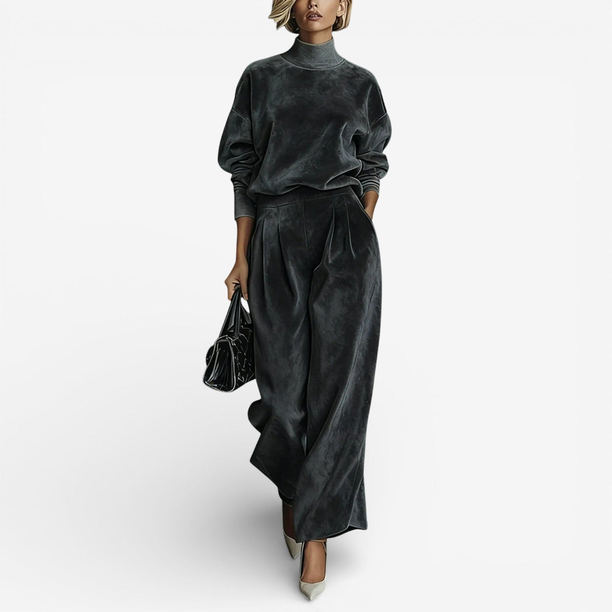 Dark gray velour-look two piece set: mock-neck top and wide-leg trousers