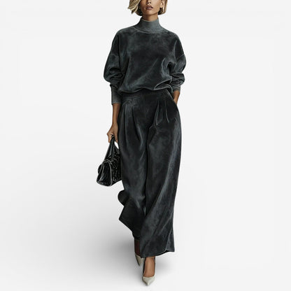 Dark gray velour-look two piece set: mock-neck top and wide-leg trousers