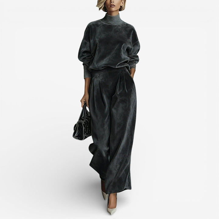 Dark gray velour-look two piece set: mock-neck top and wide-leg trousers