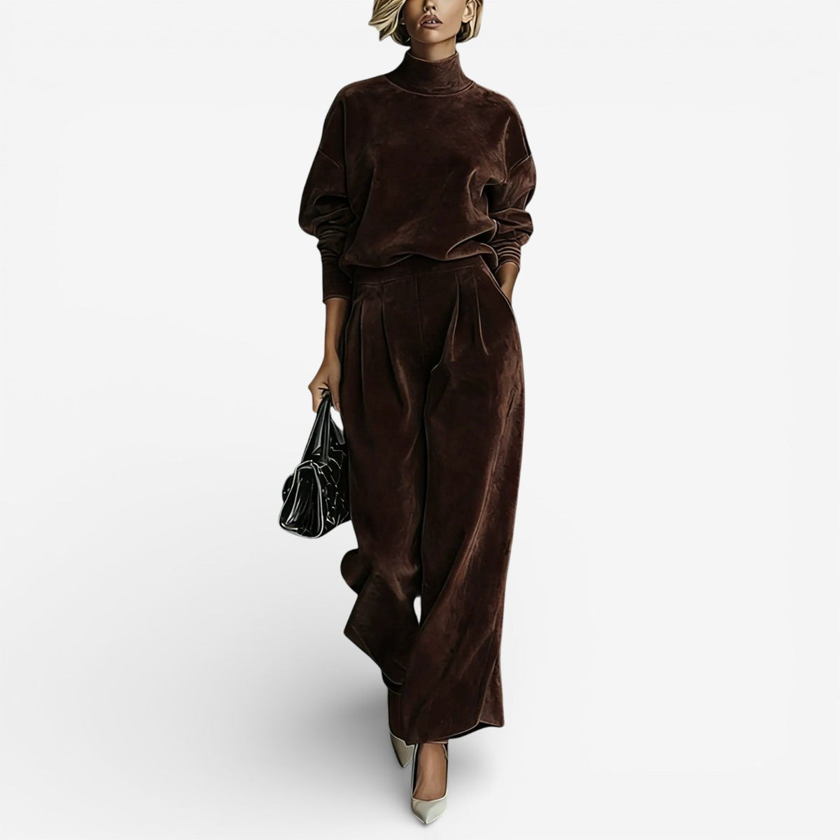 Brown velour-look two piece set: mock-neck top and wide-leg trousers