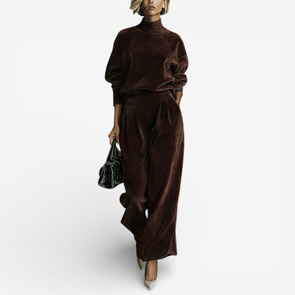 Brown velour-look two piece set: mock-neck top and wide-leg trousers