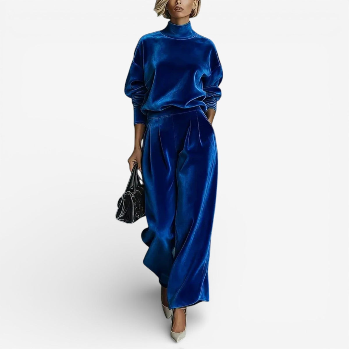 Blue velour-look two piece set: mock-neck top and wide-leg trousers