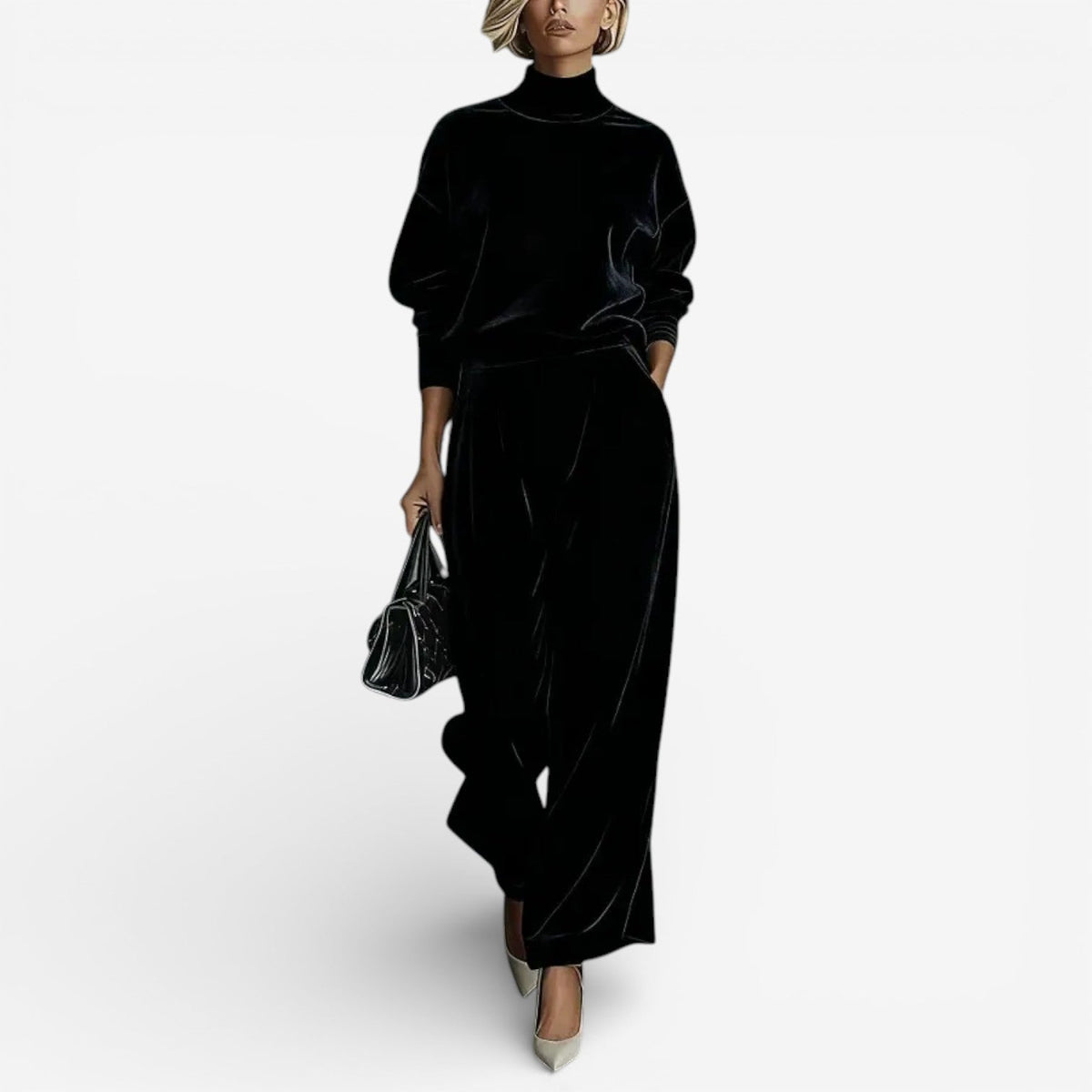 Black velour-look two piece set: mock-neck top and wide-leg trousers