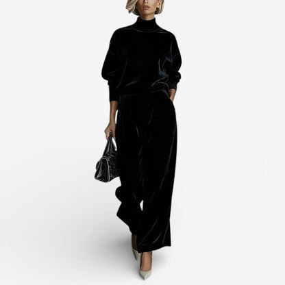 Black velour-look two piece set: mock-neck top and wide-leg trousers