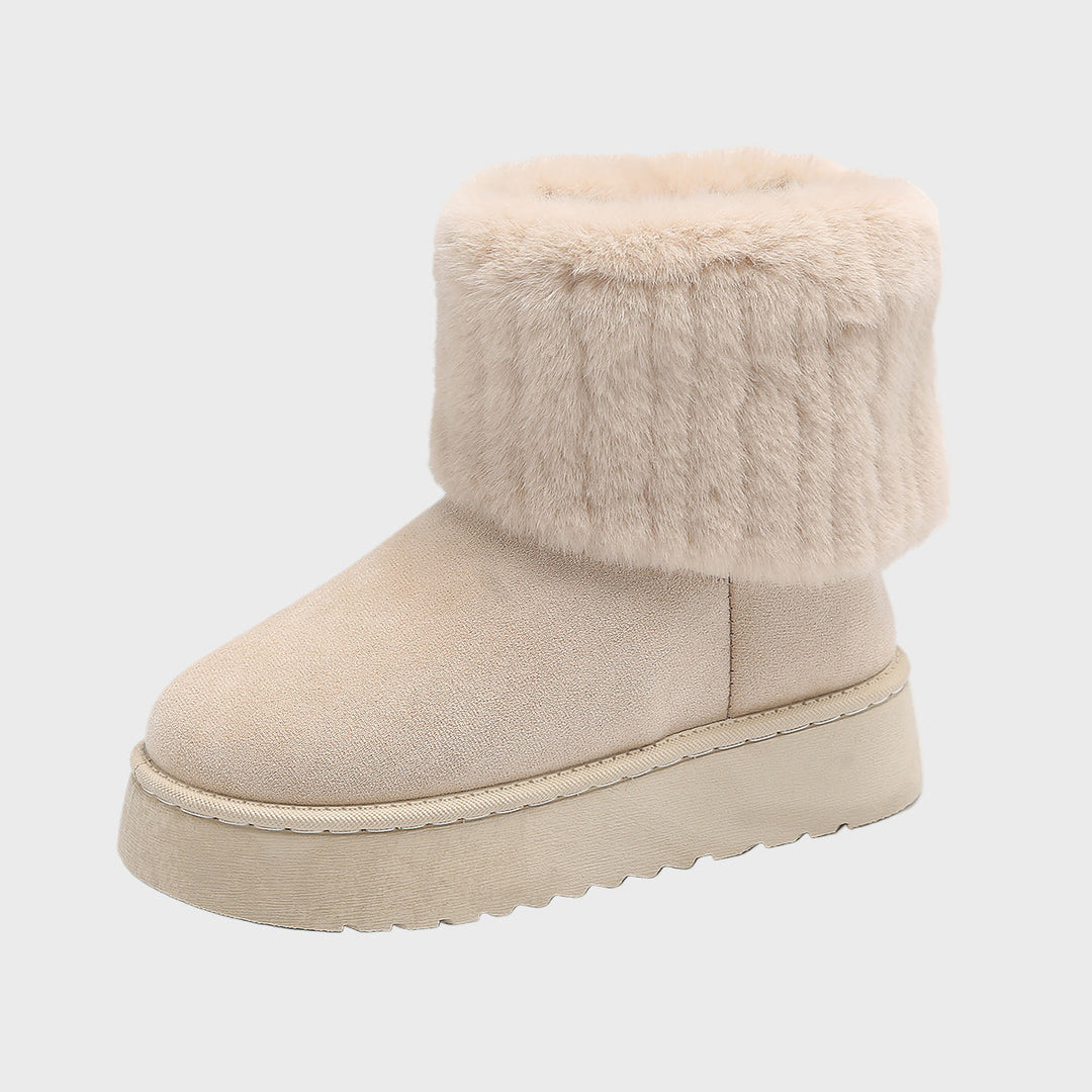 Cream platform ankle boots with faux fur cuff and cushioned chunky sole