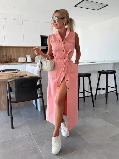 Rose pink sleeveless maxi dress with button front, tie waist, and front slit
