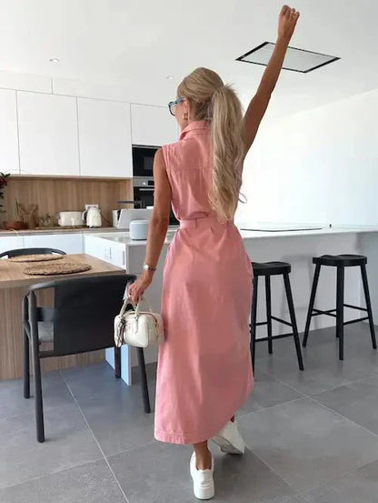 Rose pink sleeveless maxi dress back view with waist tie and front slit