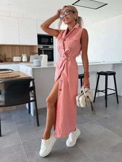 Rose pink sleeveless maxi dress with button front and tie waist, side slit