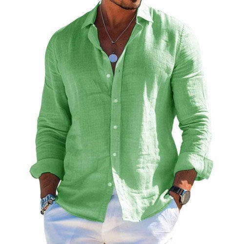 Light green long-sleeve button shirt with open collar and chest placket