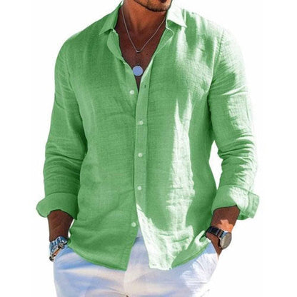 Light green long-sleeve button shirt with open collar and chest placket