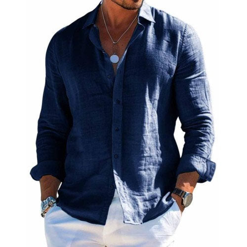 Dark blue long-sleeve shirt with open collar and button placket; curved hem