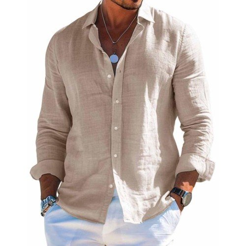 Henri breathable button-up shirt in beige, button front with pointed collar, long sleeves