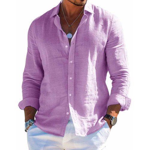 Men's lilac long-sleeve button-up shirt with visible front buttons