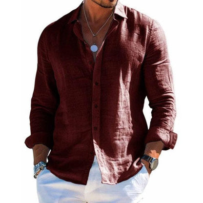 Men's burgundy button-up shirt, open collar, button front
