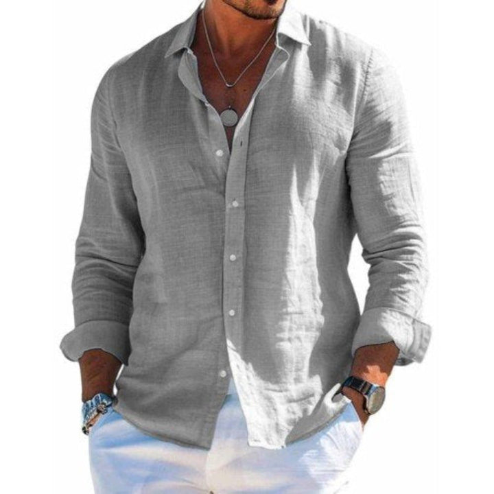 Gray button-down shirt, open collar with long sleeves and button front