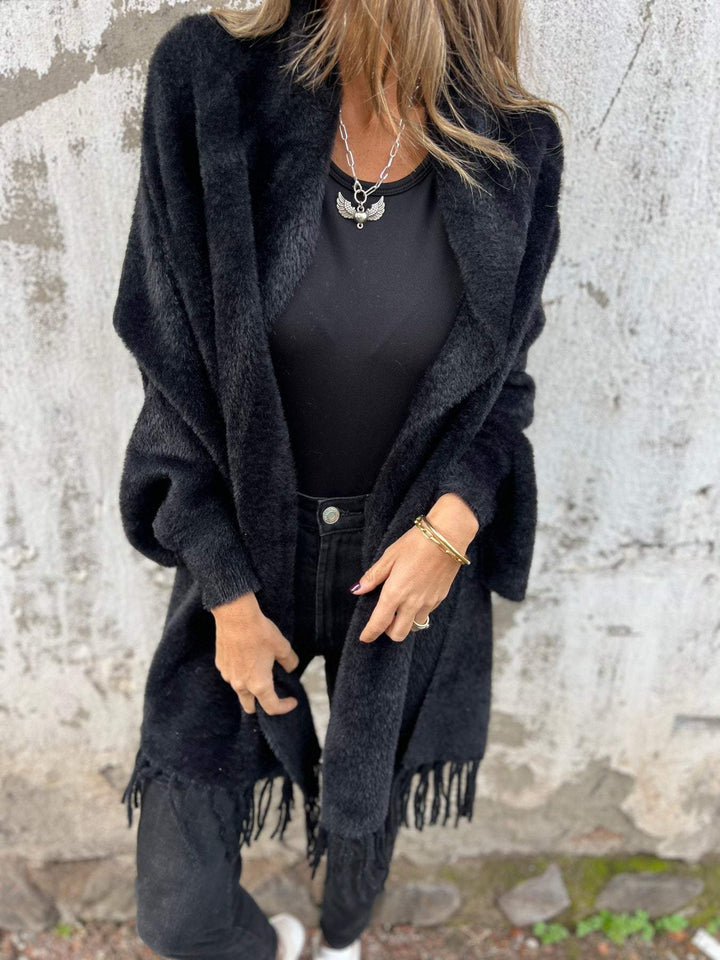 Dark charcoal cardigan, open-front drape with shawl collar and fringed hem