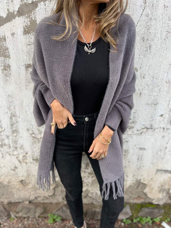 Gray long cardigan, open-front drape with shawl collar and fringed hem