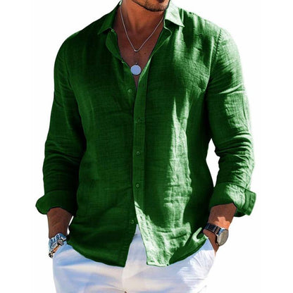 Dark green long-sleeve button-up shirt with pointed collar and front placket