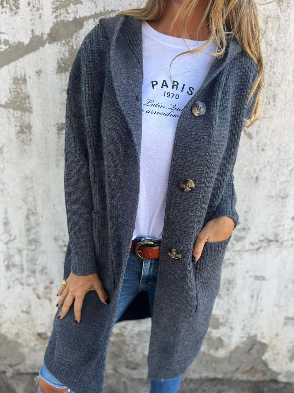 Charcoal long knit cardigan with hood and long sleeves, button front at center.