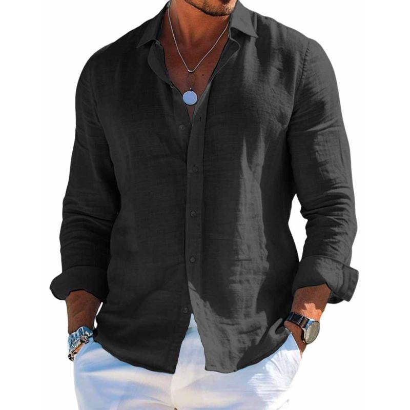 Black long-sleeve button-up shirt with open spread collar and front buttons