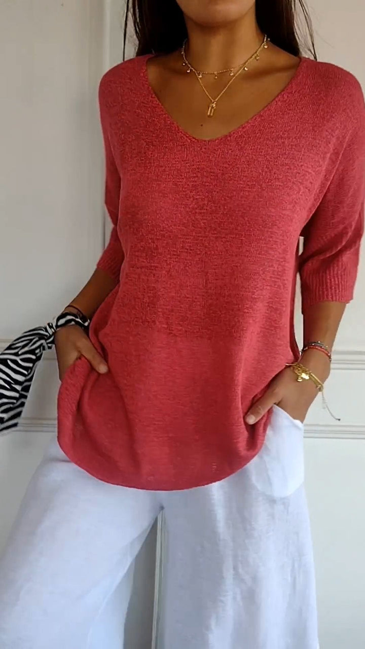 Women’s casual V-neck knit top in red, elbow-length sleeves and draped fit