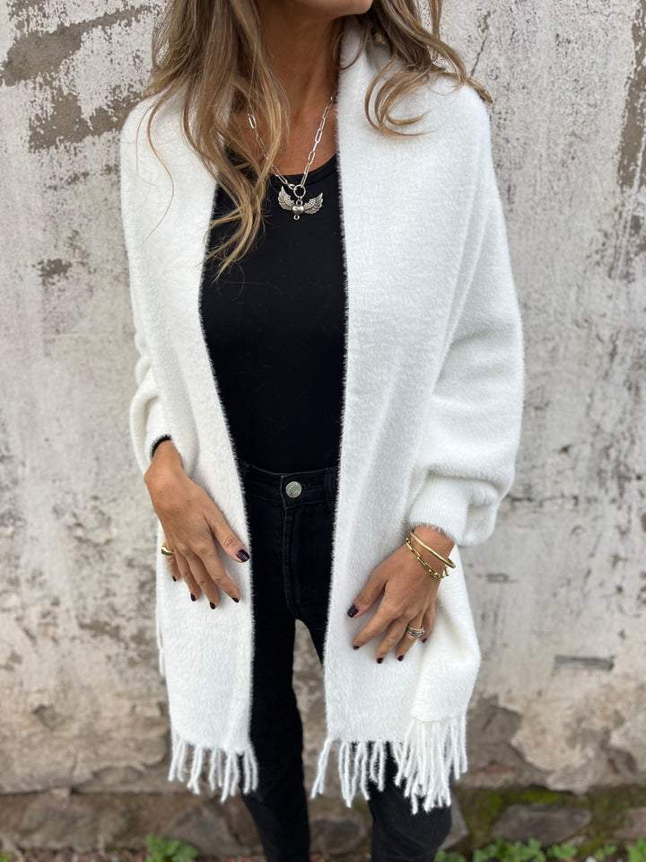 White long cardigan, open-front drape with shawl collar and fringed hem