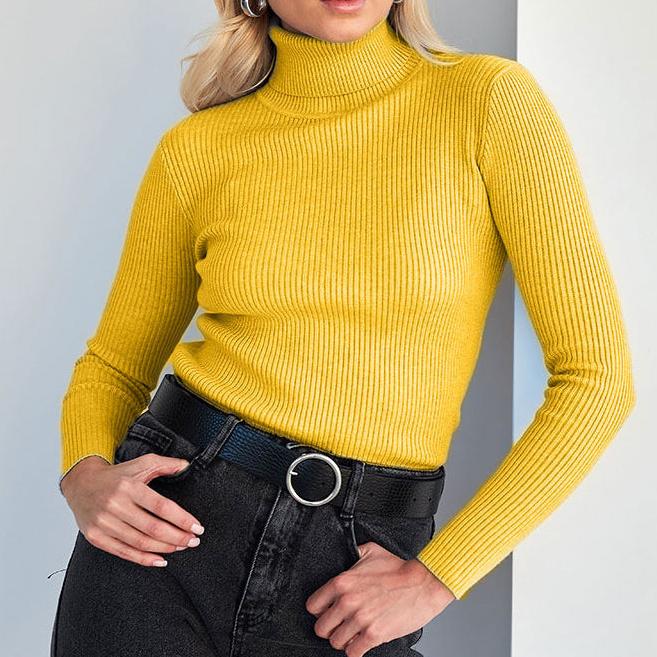 Yellow ribbed turtleneck sweater with long sleeves and a snug high neckline