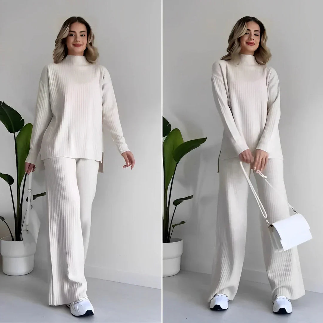Ribbed knit sweater and wide-leg pants set, white mock neck, long sleeves