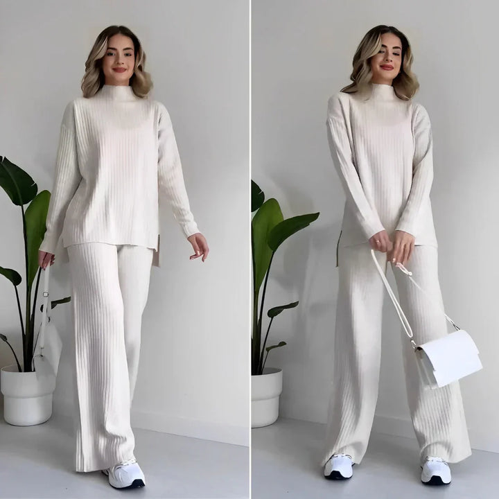 Ribbed knit sweater and wide-leg pants set, white mock neck, long sleeves
