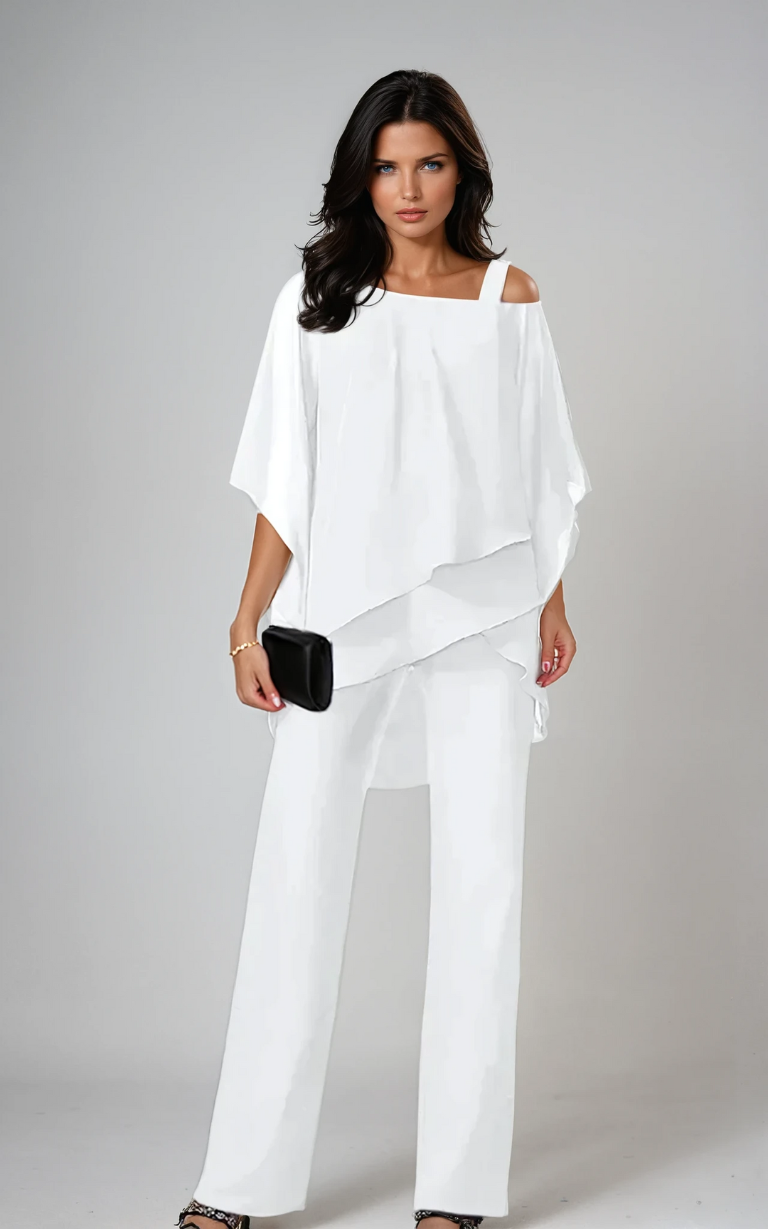 White layered cold-shoulder top and wide-leg trousers set