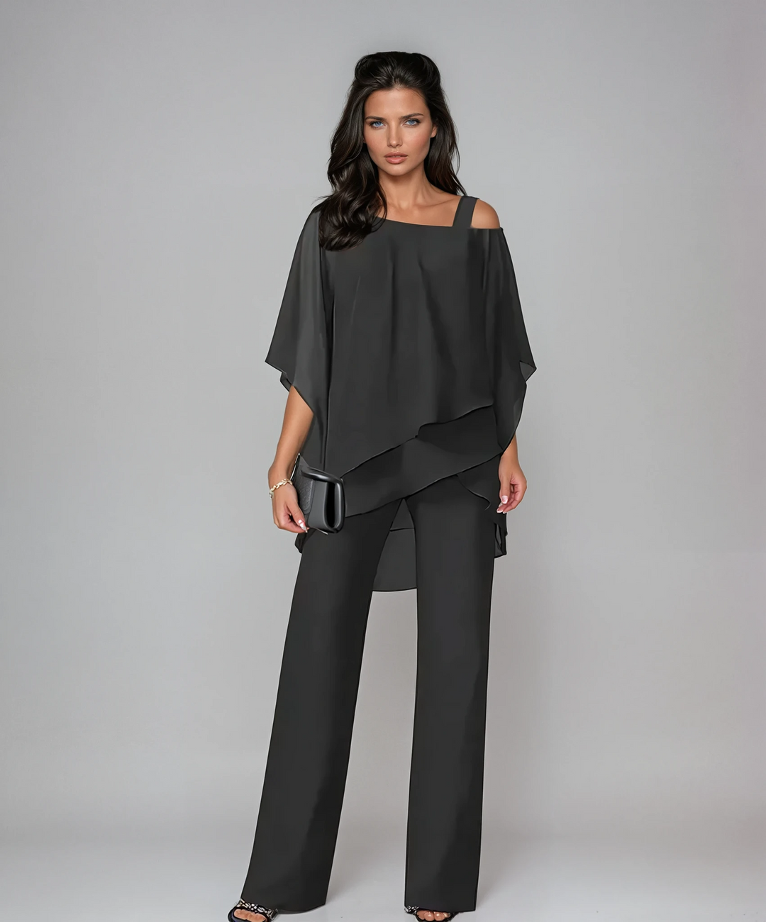 Black layered off-shoulder top and wide-leg trousers co-ord set