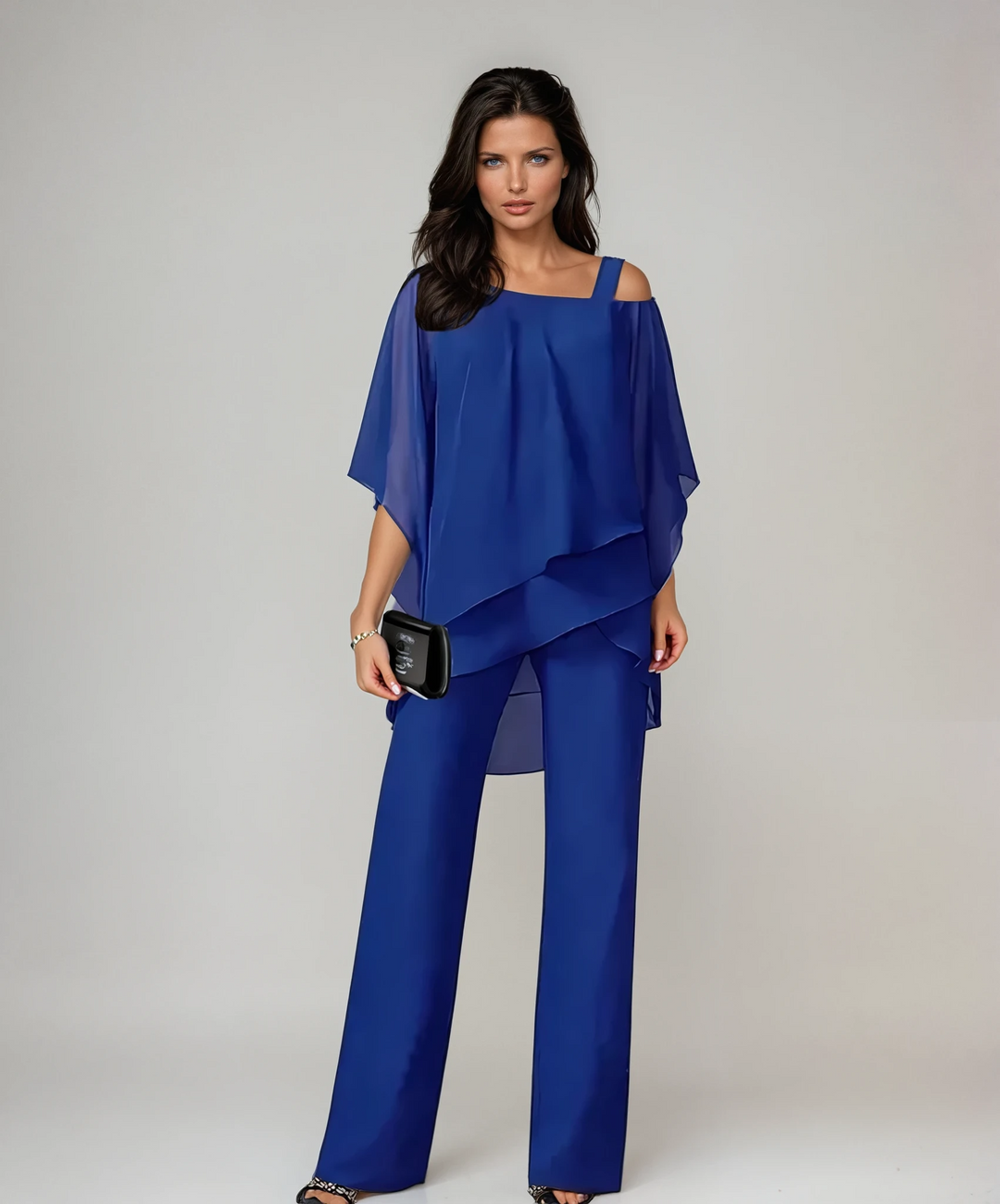 Blue layered off-shoulder top and wide-leg trousers co-ord set