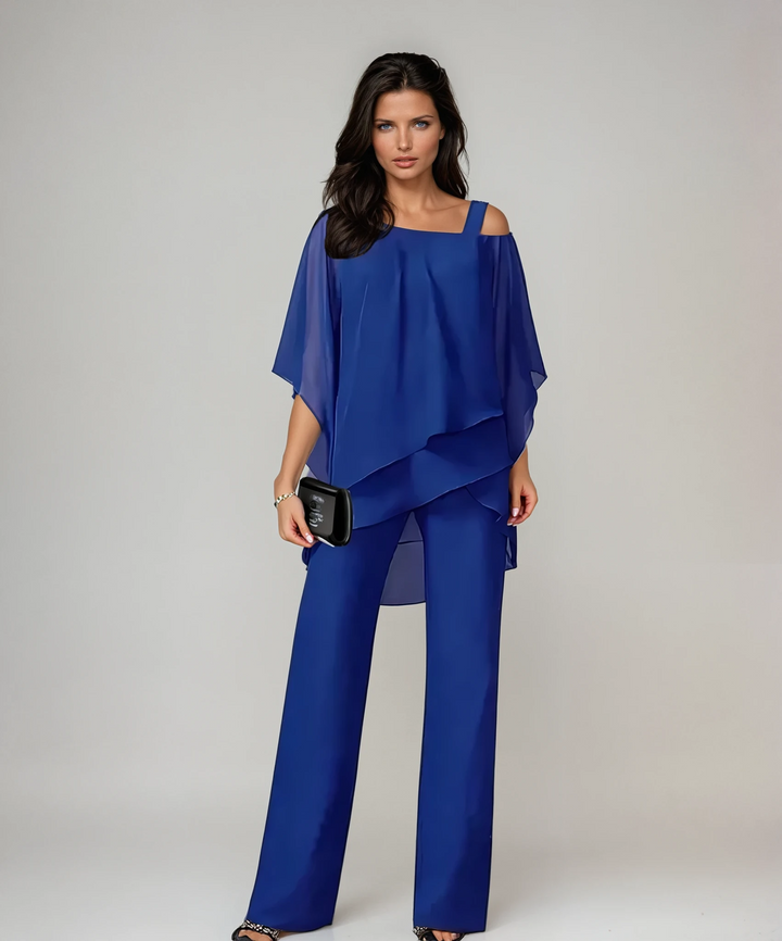 Blue layered off-shoulder top and wide-leg trousers co-ord set