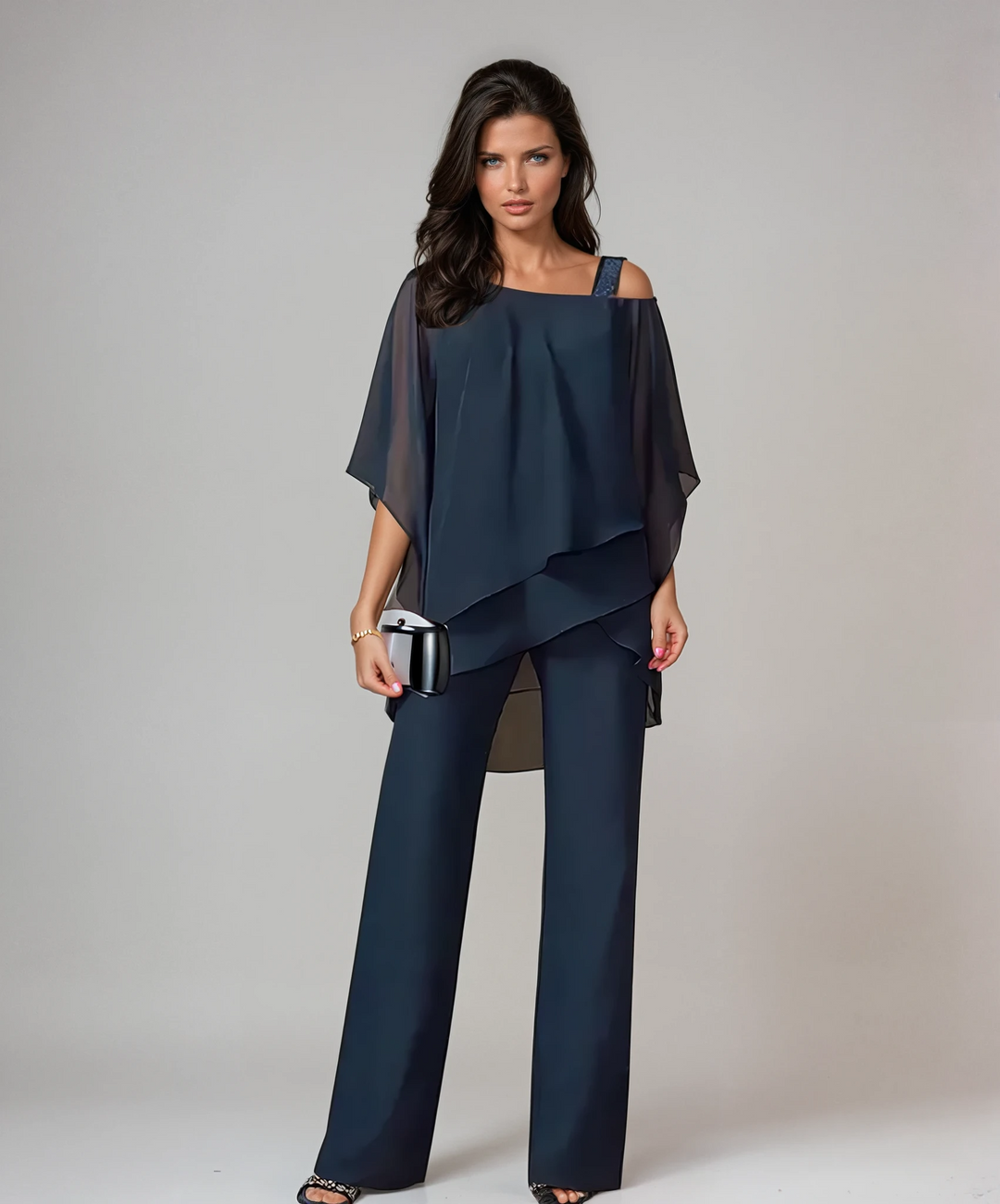 Navy layered off-shoulder top and wide-leg trousers co-ord set