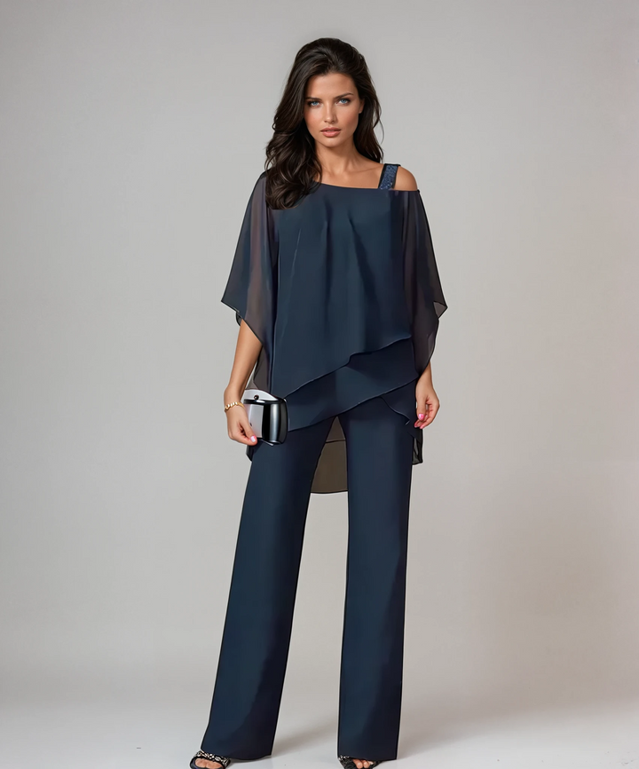 Navy layered off-shoulder top and wide-leg trousers co-ord set