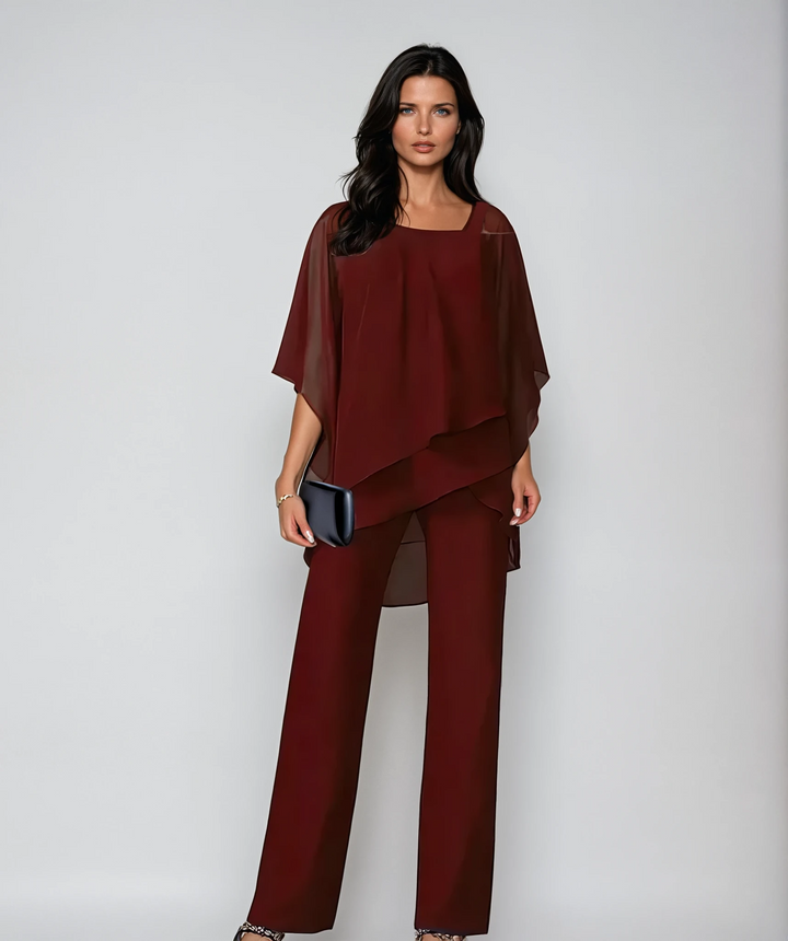Red layered off-shoulder top and wide-leg trousers co-ord set