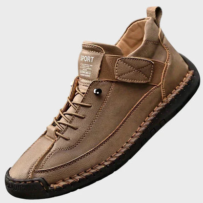 Orthopedic sneakers in khaki with lace-up front, ankle strap, and stitched rubber sole