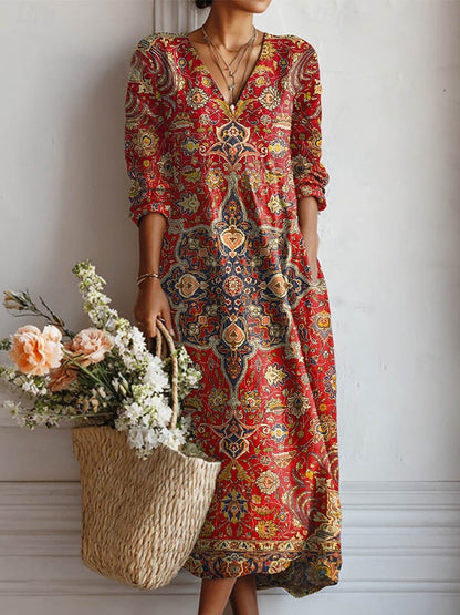 Everyday comfort dress with red V-neck and long sleeves, ornate multicolor paisley print