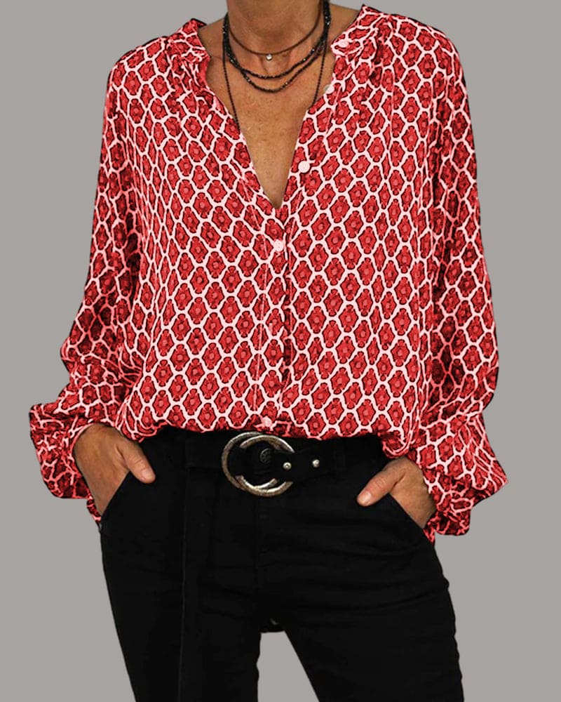 Geometric V-neck blouse with long sleeves, red and white allover print