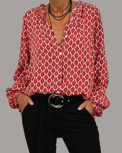 Geometric V-neck blouse with long sleeves, red and white allover print