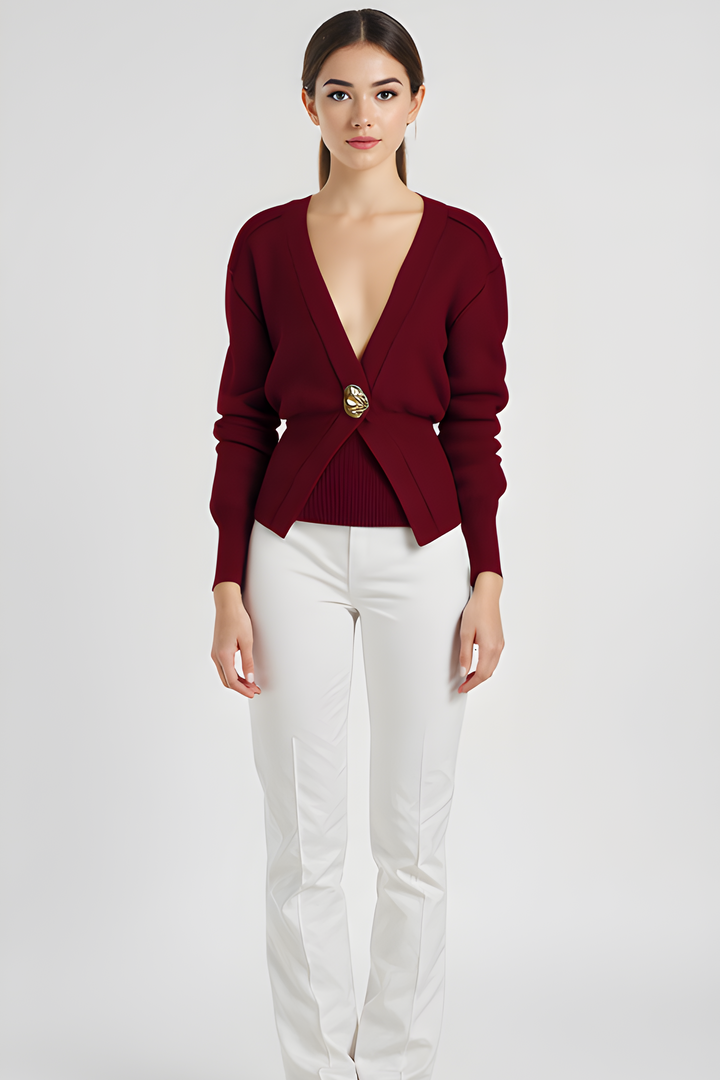 Burgundy modern cardigan, V-neck wrap with gold button closure and ribbed cuffs