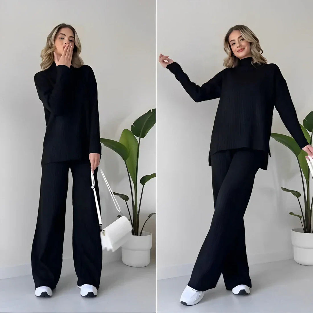Ribbed knit sweater and wide-leg pants set, black mock neck and long sleeves
