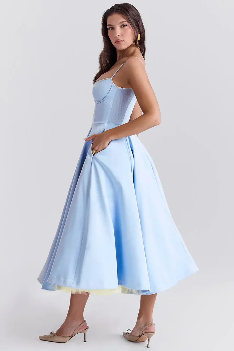 Ethereal tulle accent dress in light blue, spaghetti straps, full pleated skirt