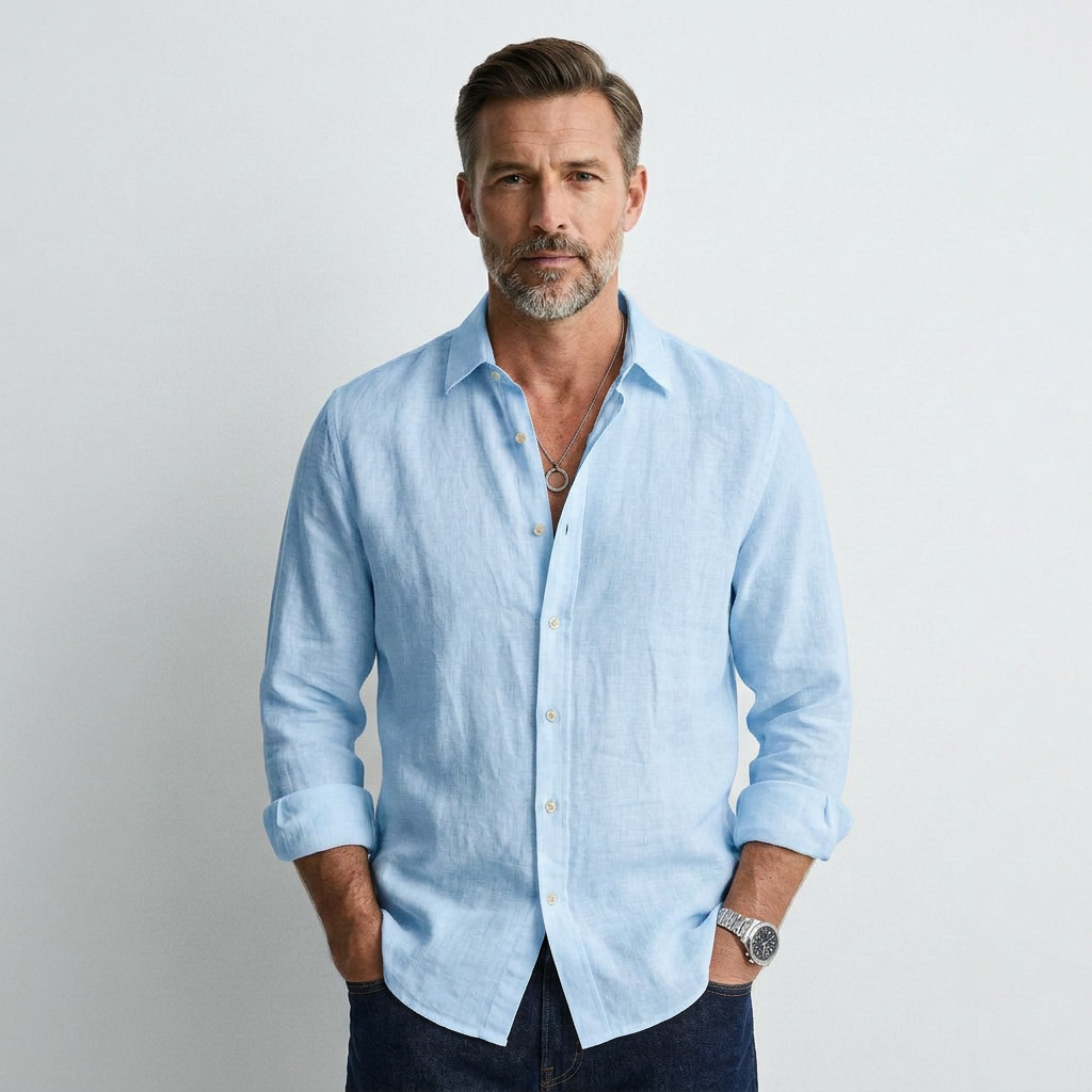 Light blue button-up dress shirt with long sleeves and point collar