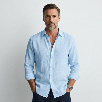 Light blue button-up dress shirt with long sleeves and point collar