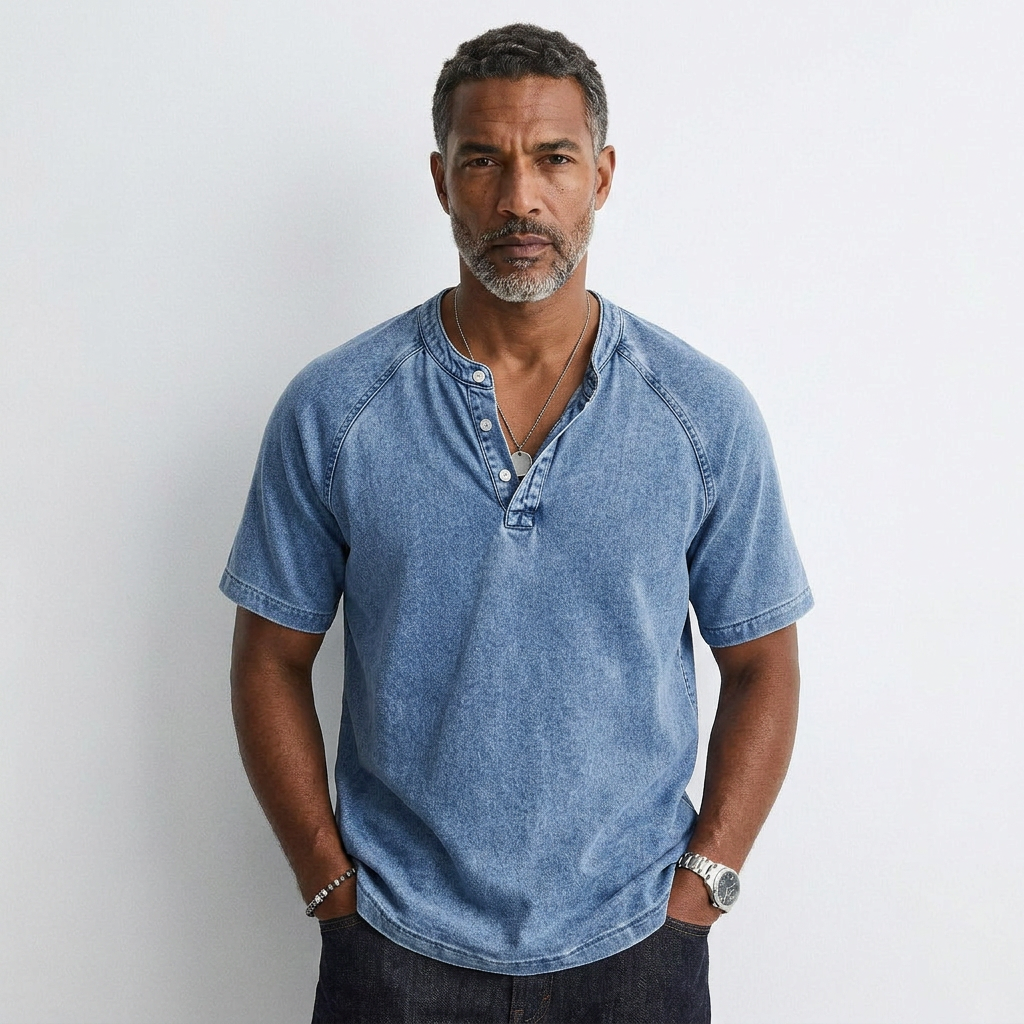 Men's vintage button T-shirt in blue with short sleeves and henley placket