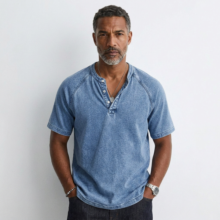 Men's blue vintage button T-shirt, short sleeves, henley placket