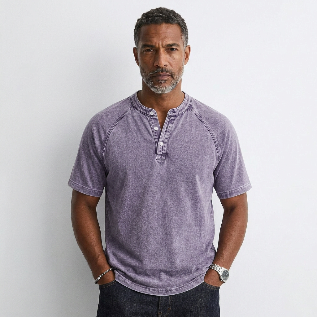 Men's vintage button T-shirt in purple, short sleeves, henley button placket