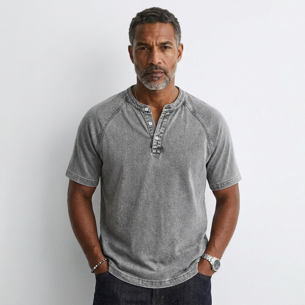 Men's vintage button t-shirt, gray washed henley with short sleeves