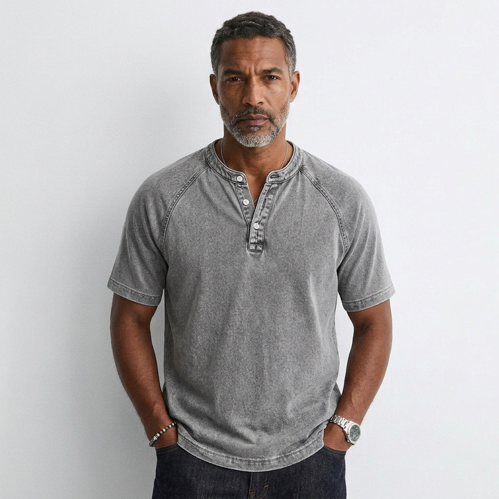 Men's vintage button t-shirt, gray washed henley with short sleeves